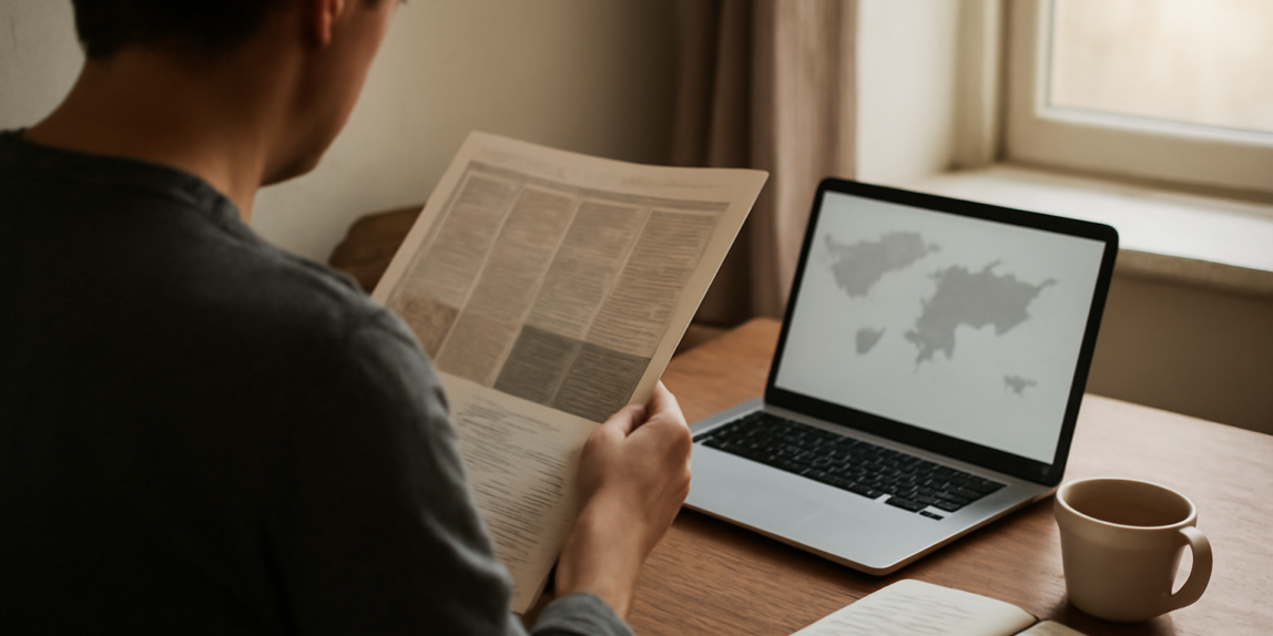 Seseorang membaca berita internasional di meja kerja dengan laptop dan koran