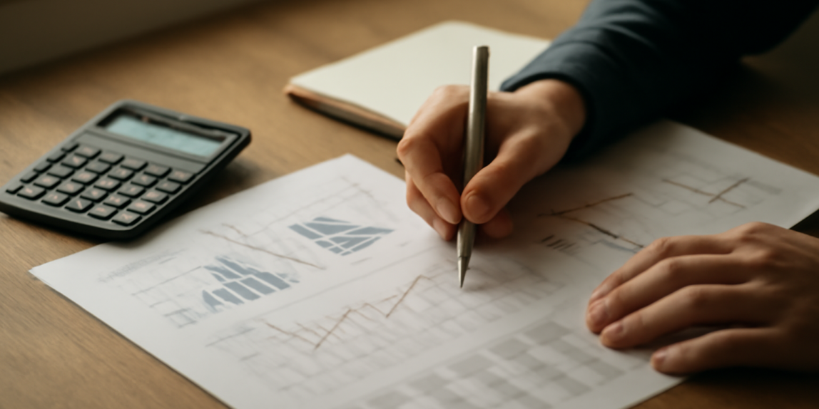 Seseorang menandai grafik dan tabel statistik ekonomi di meja kerja untuk membandingkan data