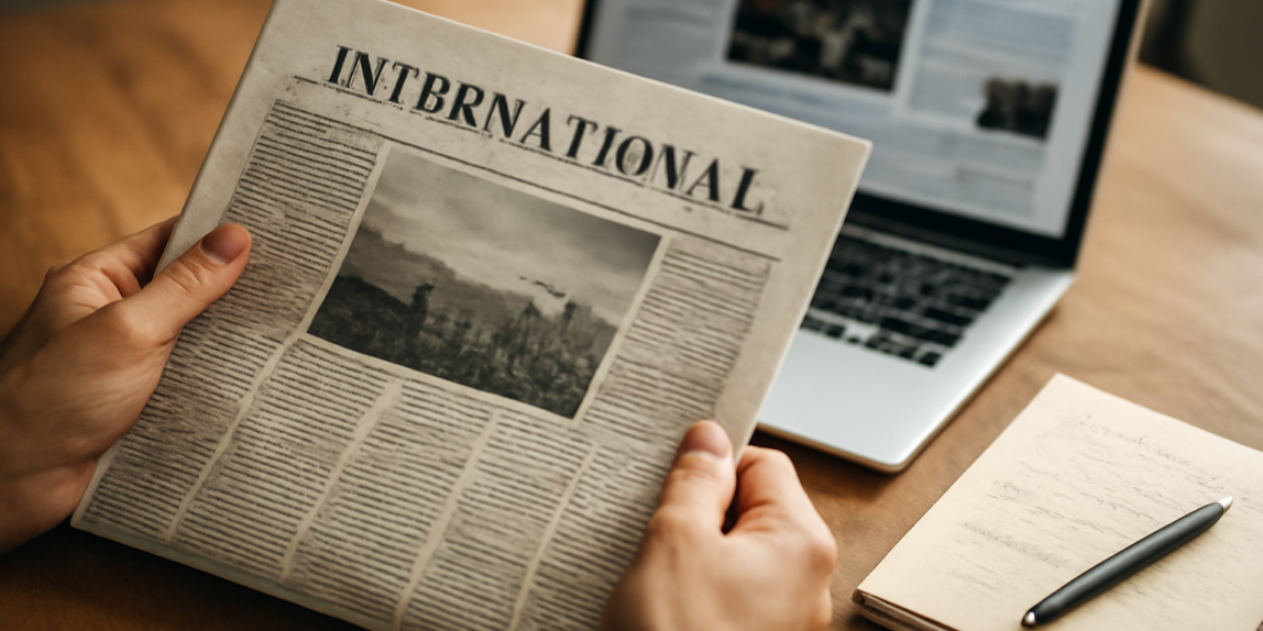 Seseorang membandingkan berita internasional dari koran dan laptop sambil mencatat